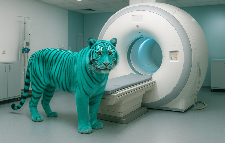 Un tigre turquoise se tient à côté d'une machine d'IRM dans une pièce claire.